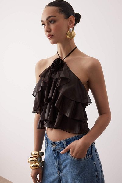 Trendyol Collection Тъмнокафяво едноцветно плетено бюстие от тюл без ръкави TPRAW26BS00000
