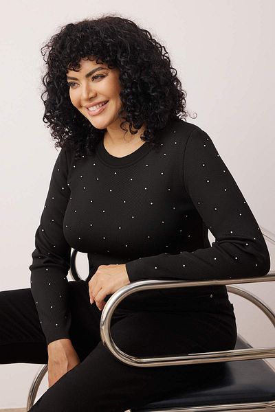 Trendyol Curve Black Stone Crew Neck Knitwear Blouse Tbbaw26Af00004