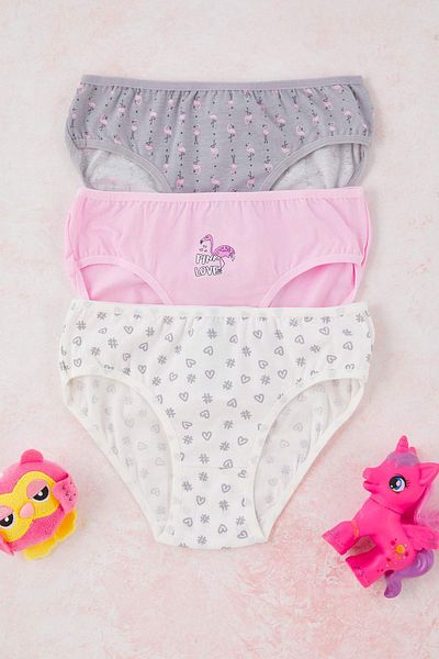 TRENDYOLKIDS Pink-Gray-Ecru 3-Piece Girl's Cotton Printed Long Sleeve Knitted Panties Tkdaw26Ku00000
