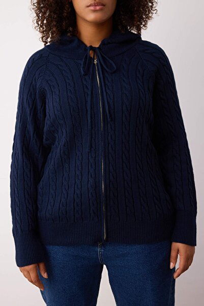 Trendyol Curve Πλεκτό Ζακέτα με φερμουάρ με κουκούλα Navy Blue TBBAW23AV00051
