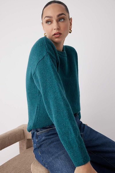 Trendyol Collection Пуловер от висококачествена прежда с вълна алпака, широк десен, Petrol More Sustainable TWOAW26KZ00001