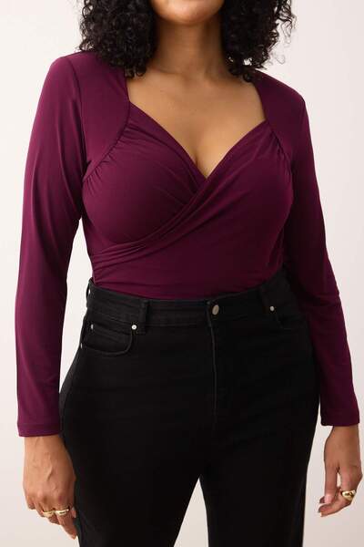 Trendyol Curve Plum Double Breasted Collar Bodycone Plus Size Snap Fastener Bodysuit Tbbaw25Cs00008