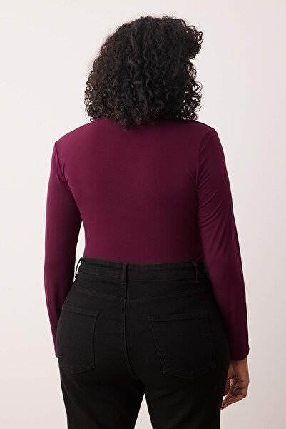 Trendyol Curve Plum Double Breasted Collar Bodycone Plus Size Snap Fastener Bodysuit Tbbaw25Cs00008
