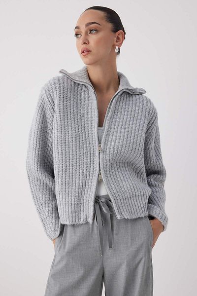 Trendyol Collection Γκρι φερμουάρ Λεπτομερής μαλακή υφή Πλεκτό με γιακά TWOAW26HI00049