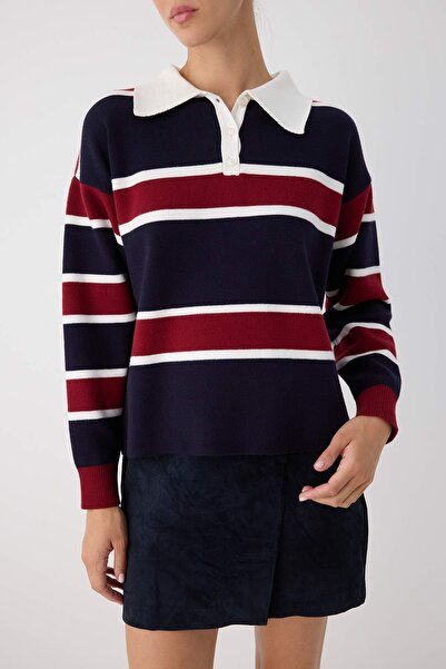 Trendyol Collection Wardrobe Essentials Pulover de tricot cu guler polo premium/albastru închis | TWOAW26KZ00060