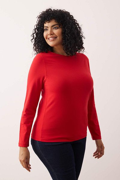 Trendyol Curve Red Cotton Boat Neck Fitted/Fitted Stretchy Blouse Tbbaw26Af00027