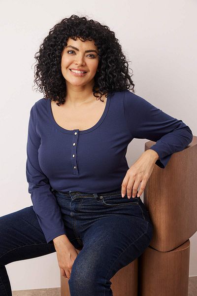 Trendyol Curve Navy Blue Knitted Body Fitting Button Detail Plus Size Blouse Tbbaw26Af00008