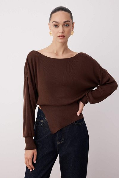 Trendyol Collection Кафяв трикотажен пуловер с цепка и деколте тип „лодка“ с мерсеризиран ефект TWOAW26KZ00086