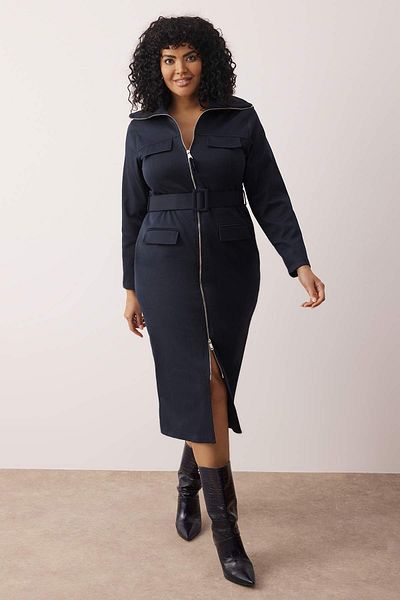 Trendyol Curve Navy Blue Gabardine Woven Plus Size Dress