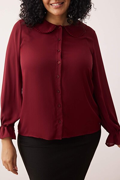 Trendyol Curve Βουργουνδία Baby Collar Pompom Λεπτομερές κανονικό κανονικό υφαντό πουκάμισο μεγάλου μεγέθους TBBAW26AX00008