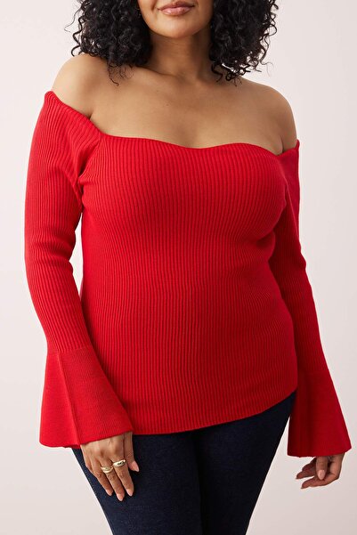 Trendyol Curve Červený žebrovaný svetr s límcem Carmen TBBAW26AN00031