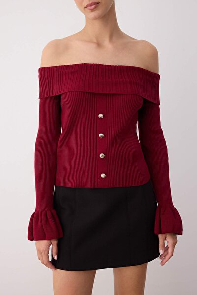 Trendyol Collection Burgundy Fitted Body Carmen Collar Ribbed Knitwear Sweater Twoaw26Kz00010