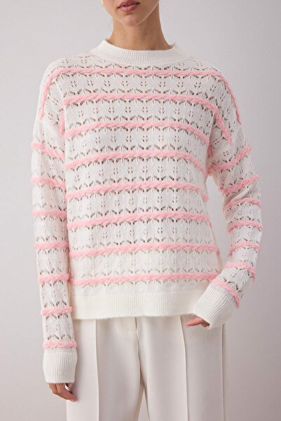 Trendyol Collection Ecru Striped Soft Textured Openwork/Hollowed Wide Fit Knitwear Sweater Twoaw26Kz00004
