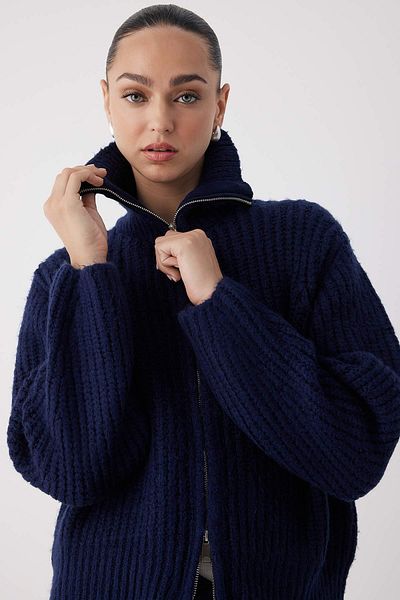 Trendyol Collection Navy Blue Zipper Detailed Soft Textured Wide Fit Turn-Down Collar Knitwear Cardigan Twoaw26Hi00049