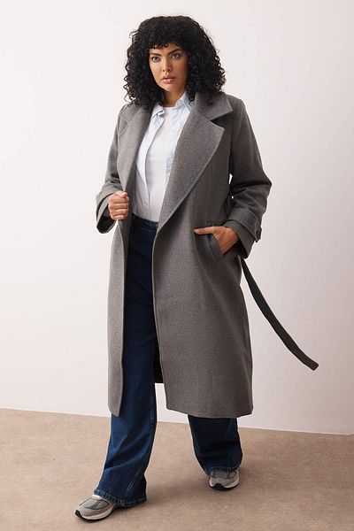 Trendyol Curve Γκρι διπλό παλτό Oversize Plus Size Μακρύ Κασμίρ TBBAW25DD00011