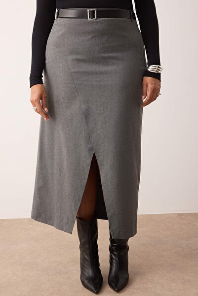 Trendyol Curve Anthracite Belt and Slit Detailed Maxi Woven Plus Size Skirt Tbbaw26Az00007