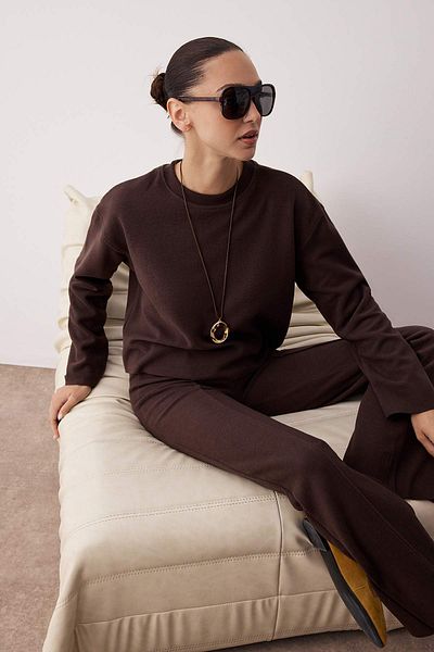 Trendyol Collection Комплект от плетена долна част - горнище с кафяв ребрест Selanik TWOAW26AU00036