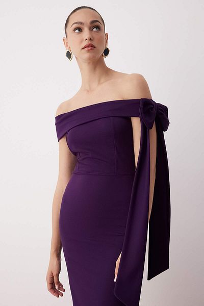Trendyol Collection Rochie de seară elegantă tricotată, mov, cu fundă pe umăr, rochie de absolvire de seară TPRSS25EL00293