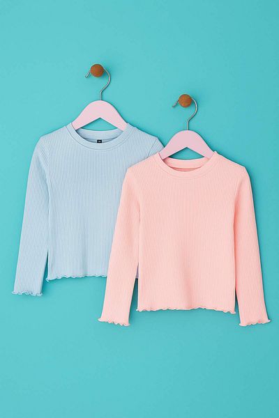 TRENDYOLKIDS Rosa-blaues 2er-Pack Mädchen-T-Shirts aus 100 % Baumwolle mit geradem Rundhalsausschnitt und normaler langärmliger Strick-T-Shirts TKDAW26TS00001