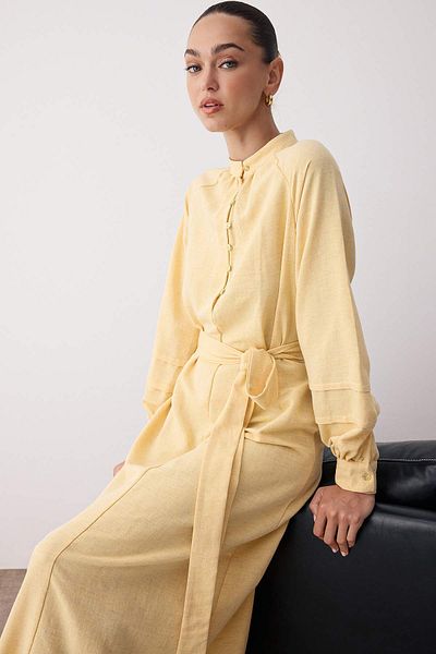 Trendyol Modest Light Yellow Linen Blend Woven Dress Tctss25Eb00117