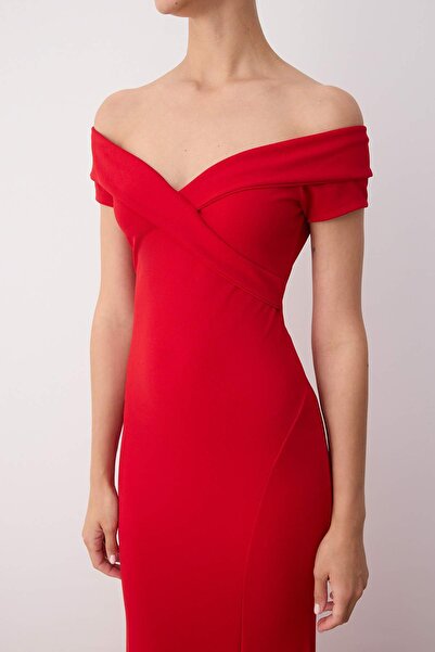 Trendyol Collection Red Carmen Collar Fish Cut Maxi Stylish Evening Dress Evening Homecoming Dress Tprss25Ae00191