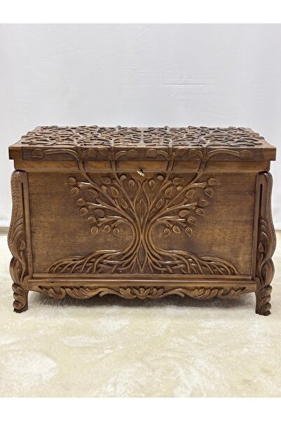 Arıkmert El Sanatları Maraş El Oyma Ceviz Ahşap Çeyiz Sandığı – 83x48x57 Cm Özel Motifli Sandık | Hayat Ağacı Model