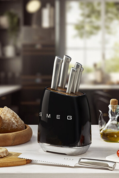 SMEG 50's Style Siyah Retro 6'lı Blok Bıçak Seti
