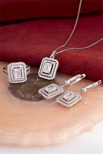 Silverplus 925 Ayar Gümüş Rodyumlu Full Beyaz Zirkon Taşlı Baget Takı Seti