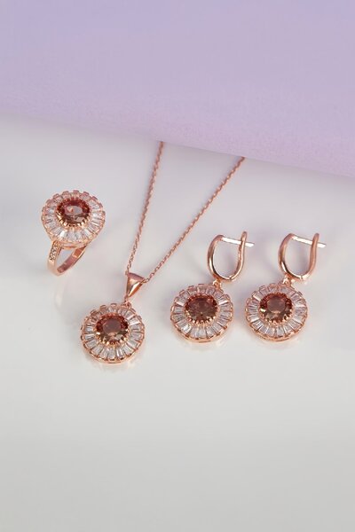 Silverplus Rose Renk Zultanit ve Baget Zirkon Taşlı 925 Ayar Gümüş Takı Seti