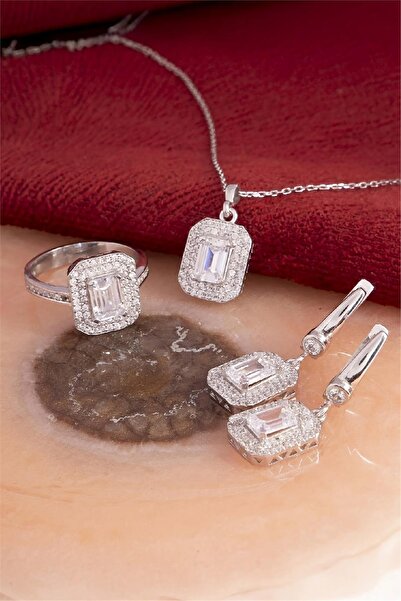 Silverplus 925 Ayar Gümüş Rodyumlu Sekizgen Baget Takı Seti