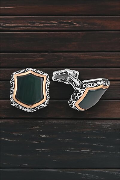 Silverplus Gümüş Yeşil Akik Taşlı Kol Düğmesi