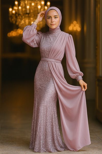 Neva Style Chiffon Detailed Sequin Sequin Lilac Hijab Evening Dress 5516Lıla