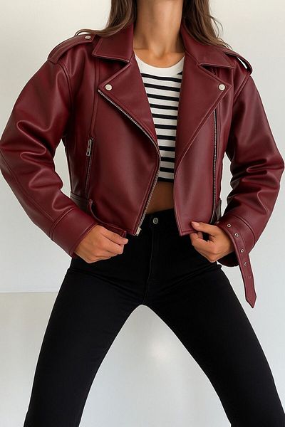 MEYASU Oversize Women's Belted Claret Red Leather Jacket