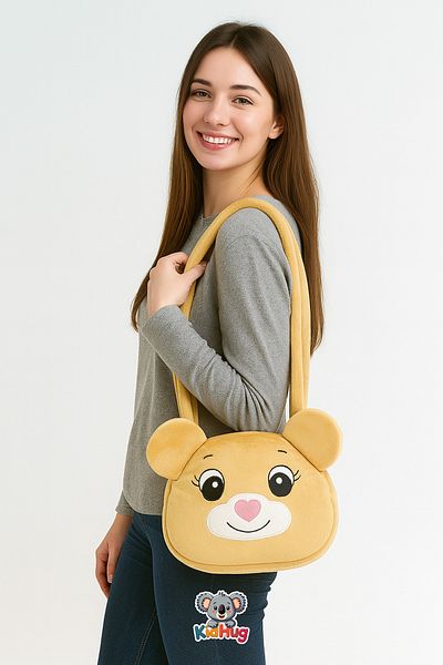 KidHug Shoulder Bag Teddy Bear Face Embroidered Plush Soft Large Pink/Beige/Brown Options