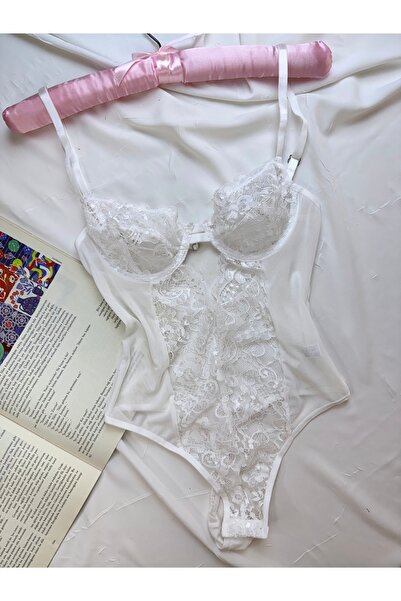 ROZENİN LINGERIE Екрю мереживне боді без чашок з прозорими застібками