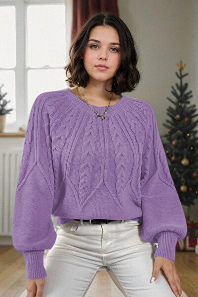 hanope Велосипедний комір з візерунком плетіння волосся, ліловий трикотажний светр