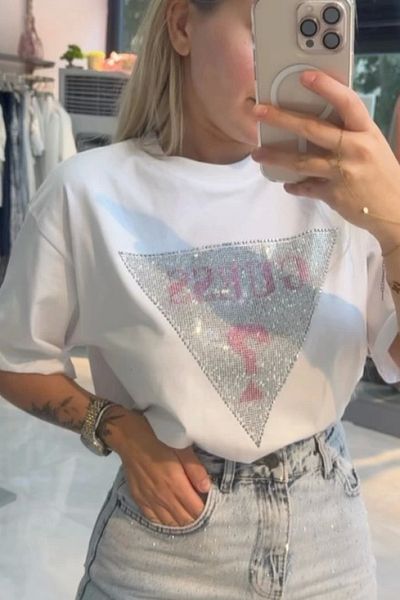 VibeGaia White T-Shirt with Shiny Stones – Stylish and Comfortable Design, Women's Summer Fashion