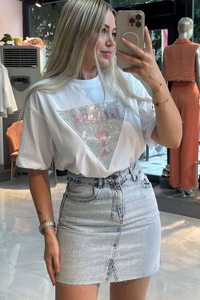 VibeGaia White T-Shirt with Shiny Stones – Stylish and Comfortable Design, Women's Summer Fashion