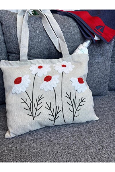 Mustgross Beach & Daily Use Punch Κεντημένη λινό τσάντα με φερμουάρ 1 τεμάχιο 42X34cm κρεμάστρα 26cm