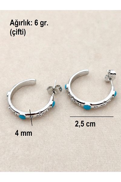 Siya Silver Zircon Stone Turquoise Detailed Steel Hoop Earrings