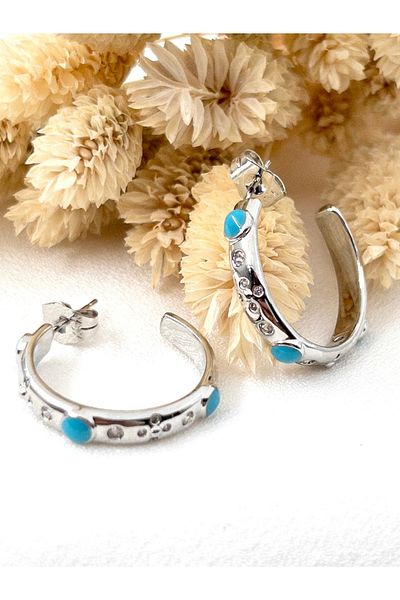 Siya Silver Zircon Stone Turquoise Detailed Steel Hoop Earrings