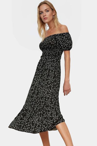 PayBuy Floral Knitted Midi Dress Women's Summer Short Sleeve Carmen Collar Casual High Quality Modern Style