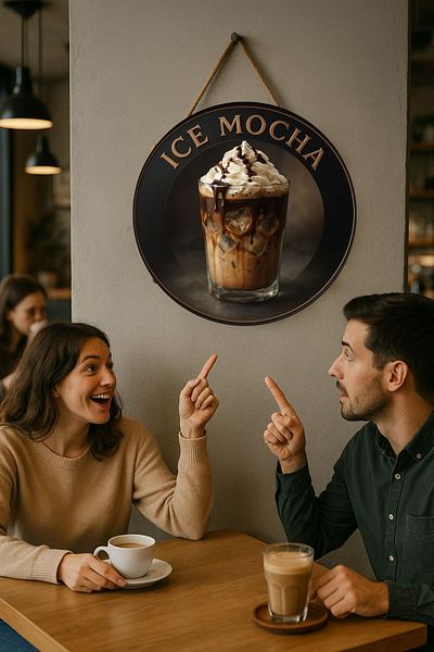 Nod Ice Mocha Themed Round Cafe Sign – Jute Drawstring Wooden Wall & Door Decor |   Barista Style Ornament