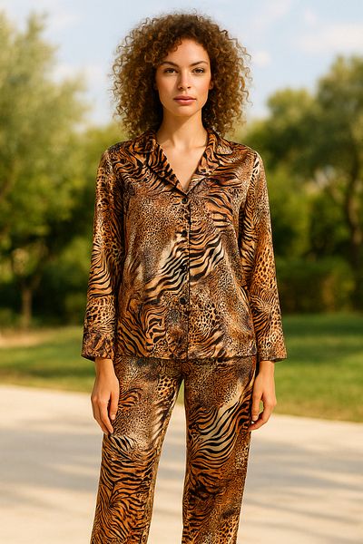nisaNCa Luxury Boxed Leopard Satin Pajamas Set – Lace Sleeves, Long Sleeves, Silk Texture, Dowry Gift