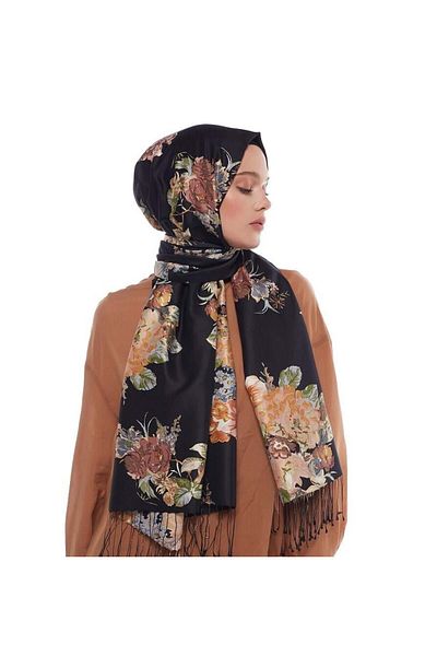 ipekevi Patterned Silk Shawl - Musk Rose Pattern - Black