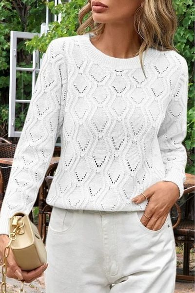 hanope Pulover alb tricotat pentru femei, cu modele ajurate
