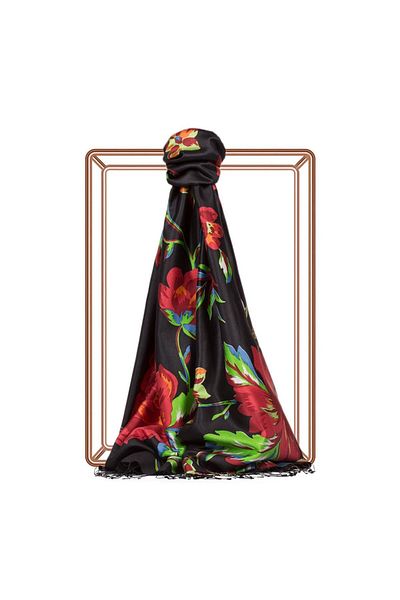 ipekevi Patterned Silk Shawl - Queen of the Night - Black Red