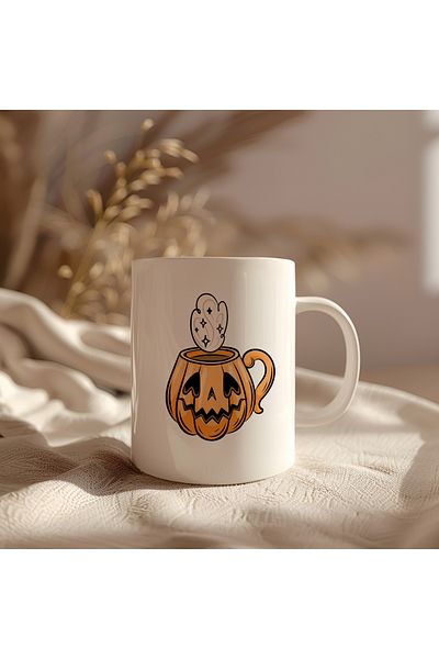 BB TRADE Halloween Pumpkin Designed White Ceramic Printed Mug 330ml