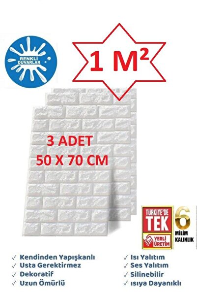 Renkli Duvarlar 1 M² ( 3 Adet 50x70cm) Beyaz 3d Dekoratif Kendinden Yapışkanl...