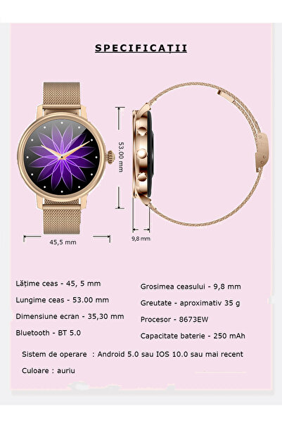 GBV LOGIC Ceas smartwatch dama GBV LOGIC, auriu, aplicatie, bluetooth, monitorizare somn,fitness, ritm cardiac